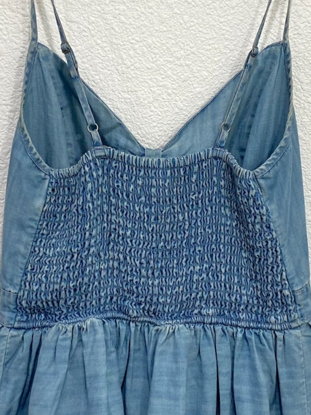 Hollister Embroidered Mini Dress Cut Out Smocked Chambray Blue Medium - Picture 6 of 10
